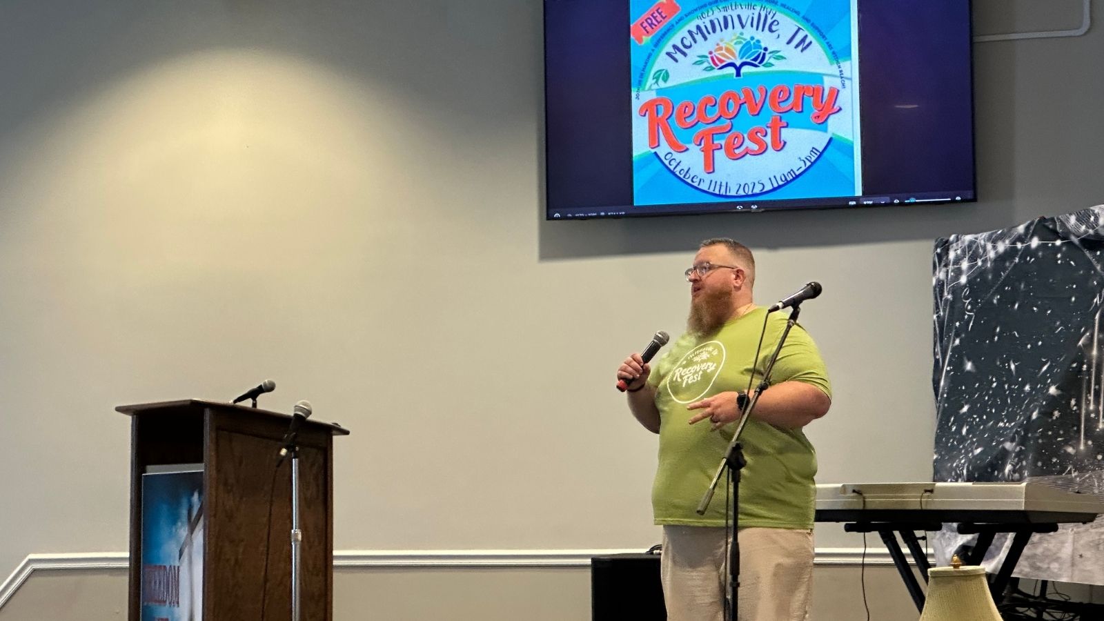 Warren County Coalition chairman of the board addressing attendees about the coalition's mission to prevent substance use and connect people to recovery in McMinnville, TN.